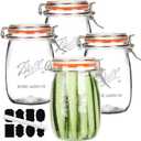 Wide Mouth Glass Jars with Airtight Lid 32OZ 4 Pack, Kitchen Storage Large Clear Canister Jars with Hinged Lid with Measurement Marks For Canning, Coffee, Flour, Sugar, Beans