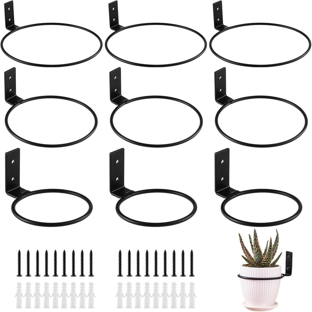 9-Pack 4/6/8 Inch Flower Pot Holder Ring Wall Mounted Metal Flower Pot Hangers Wall Hanger Bracket Rings Black Planter Bracket for Home, Garden, Indoor Outdoor Pots
