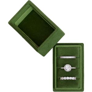 BLUTETE Rectangle 3 Slots Italian Velvet Jewelry Box Engagement Wedding Photo Ring Box Keepsake Box Triple Ring Gift Box (Olive Green)