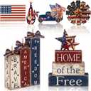 Vercraft 11 Pcs 4th of July Table Decorations Set Patriotic Tiered Tray Decor Retro Red White Blue Wood Block American Flag Decor for 250th Anniversary Independence Day Home Office Shelf