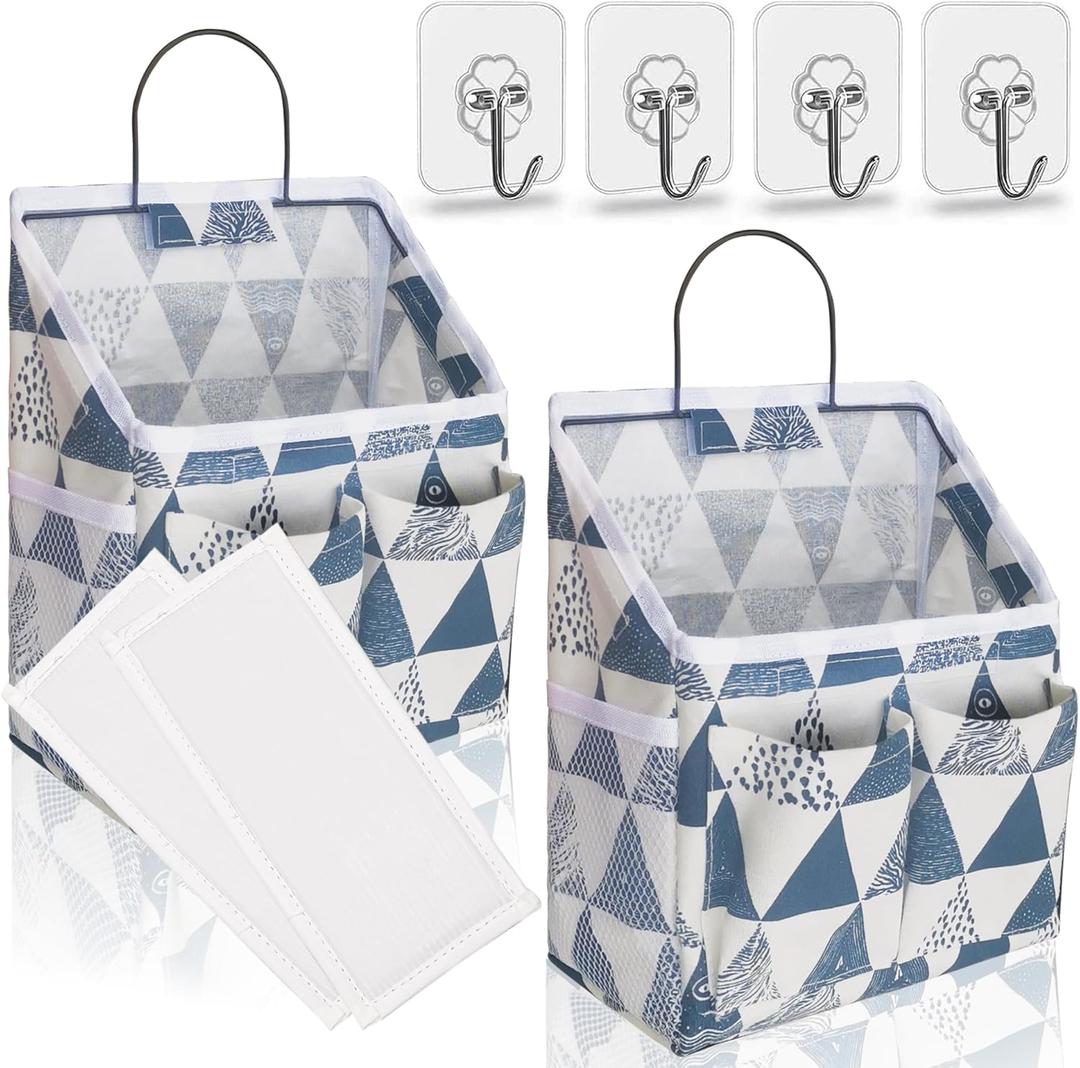 2pcs Small Wall Hanging Organizer Bag, Linen Fabric Door Hanging Storage Basket with Pockets, Waterproof Bin for Kitchen, Bedroom, Office, RV Camper (Triangle)