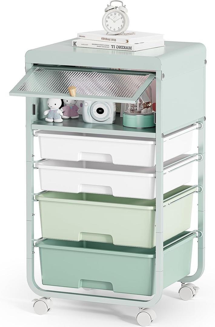 Utility-Rolling-Storage-Drawer-Craft-Cart-Organizers with 4 Drawers & Dust-proof Door for Kid Craft Art Room,Bedroom,Home Office, 4 Tiers Drawer cart, Green
