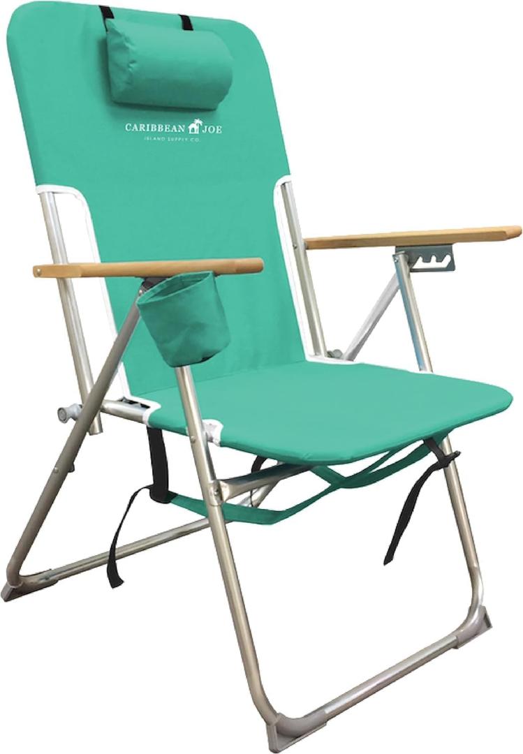 CARIBBEAN JOE Folding Beach Chair, 4 Position Portable Backpack Foldable Camping Chair with Headrest, Cup Holder, and Wooden Armrests, 300lbs Capacity
