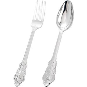 BUCLA 200PCS Silver Plastic Forks and Spoons - Plastic Silverware Baroque - Disposable Silverware Heavy Duty - 100PCS Silver Forks and 100PCS Spoons for Weddings, Christmas and Party