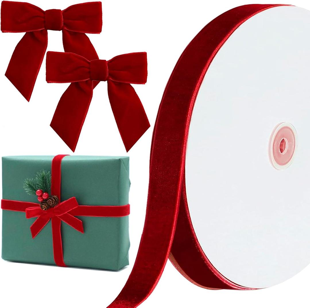 Christmas Burgundy Velvet Ribbon, 1 Inch x 30 Yard Vintage Single Face Spool Satin Velvet Ribbon for Christmas Wreath Decoration DIY Bow Craft Gift Wrapping Wedding Ornaments Party Home Decor