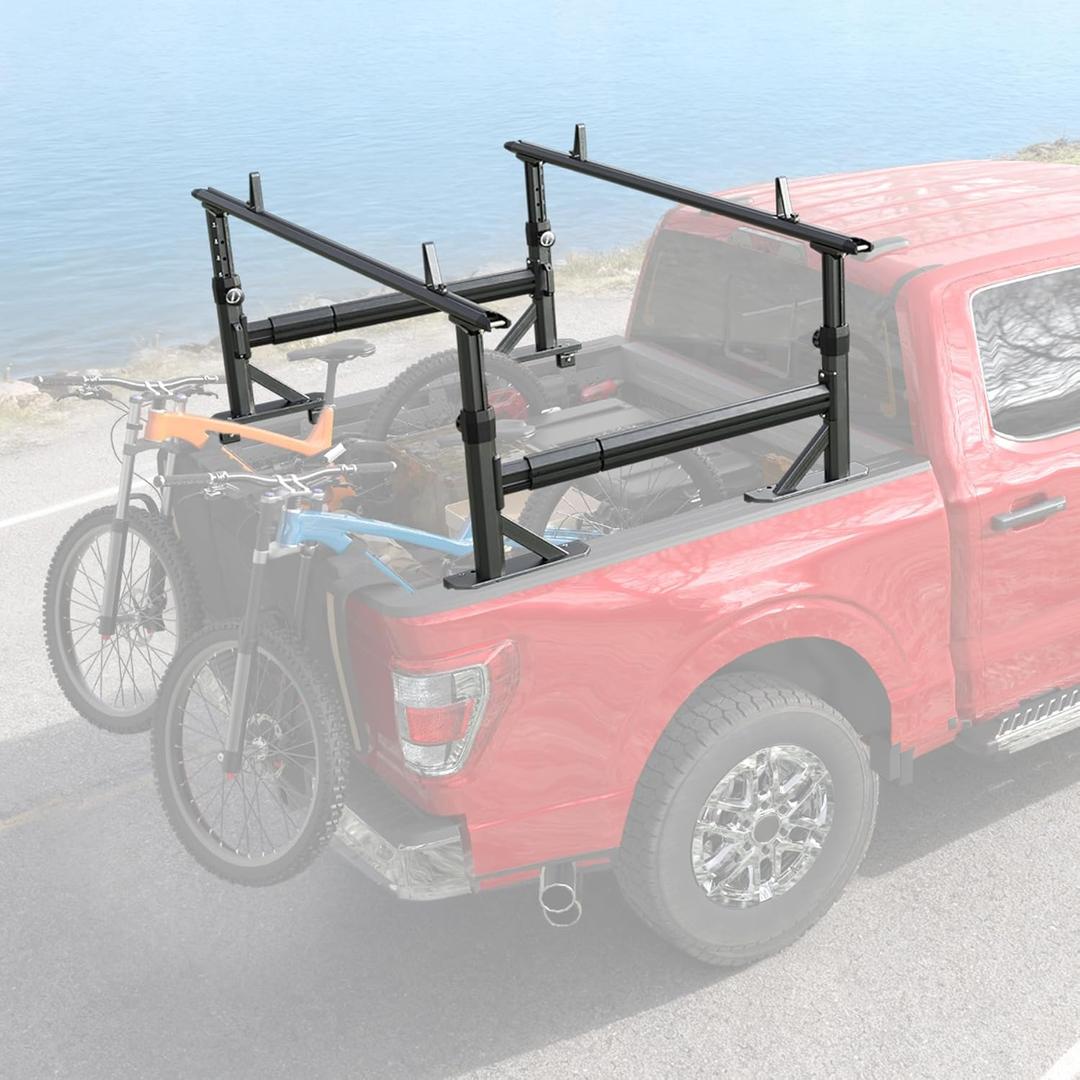 Adjustable Aluminum Truck Ladder Rack with Side Bar Fit for F150 Silverado Ram Sierra, Clamp-On No Drill Installation, Heavy Duty 900 LBS Capacity, Truck Bed Rack for Ladders, Kayaks, Bikes