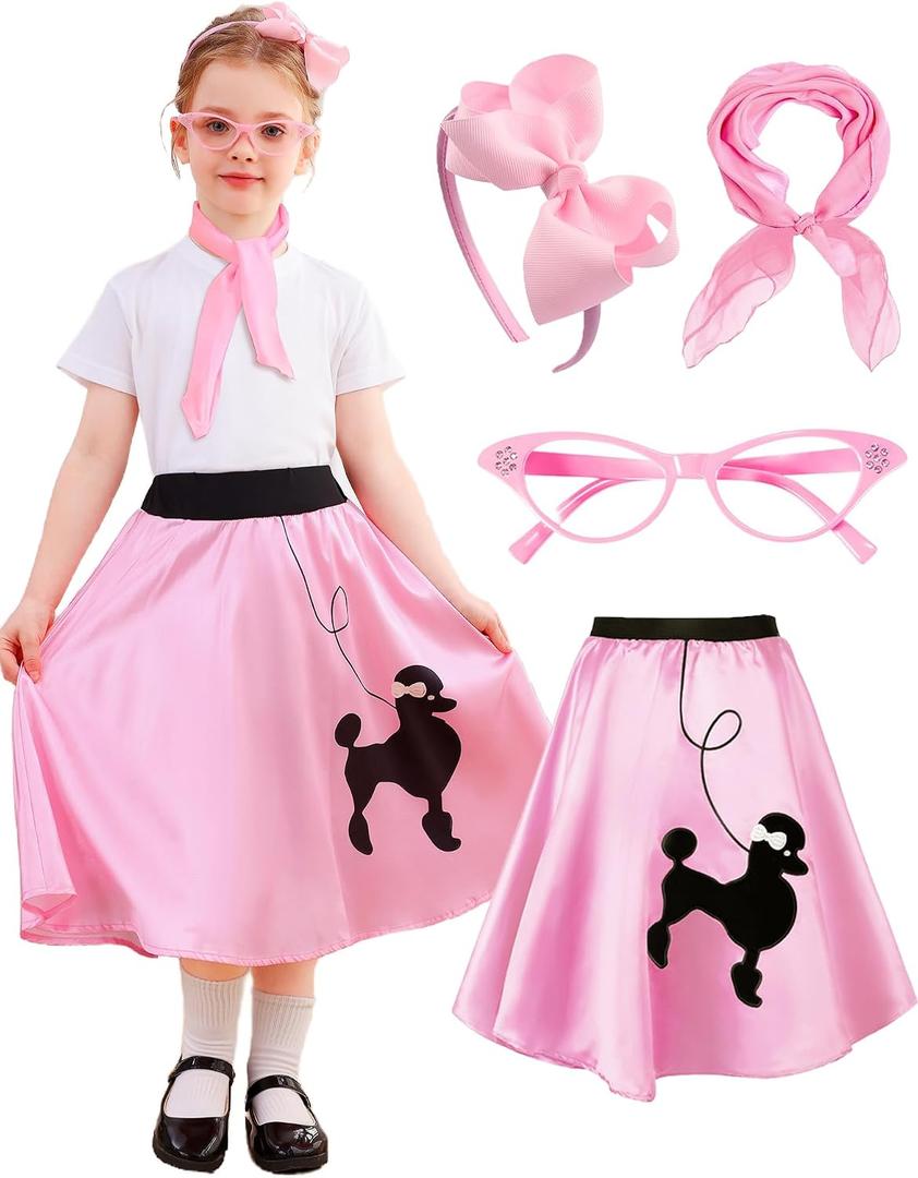 Poodle Skirts for Girls 50s Costume Kids 50s Accessory Sock Hop Outfit Halloween Costume with Headbands, Glasses, Scarf (Pink, S (4-6Y))