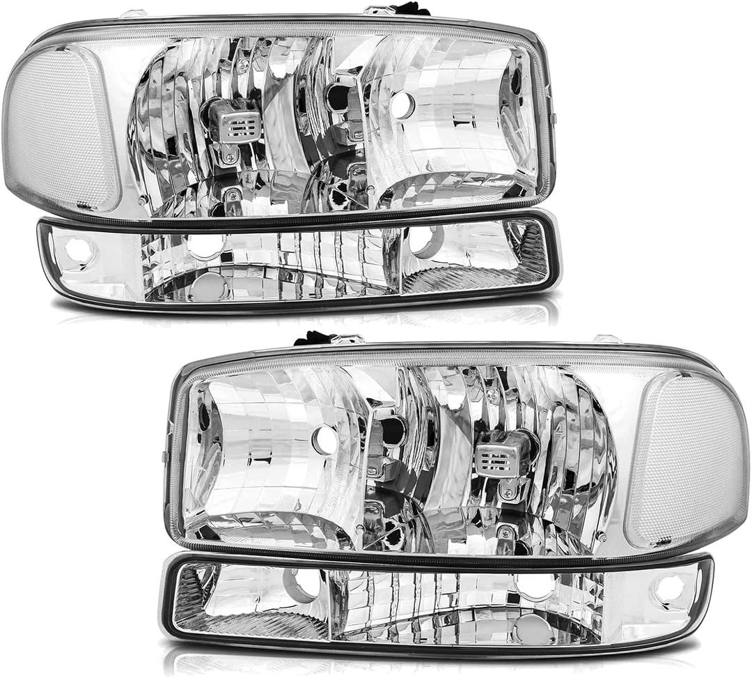 APSVE Headlight Assembly for 1999-2006 GMC Sierra 1500 2500 3500, 00-06 Yukon XL Headlamp with Bumper Lights, Chrome Housing Clear, Halogen