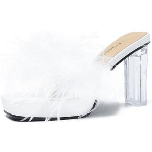 LIURUIJIA Women's Square Toe Platform Chunky Heel Slip on Sandals Feather Fuzzy Heels Mules Wedding Bridal Party Dress Shoes (9, White)