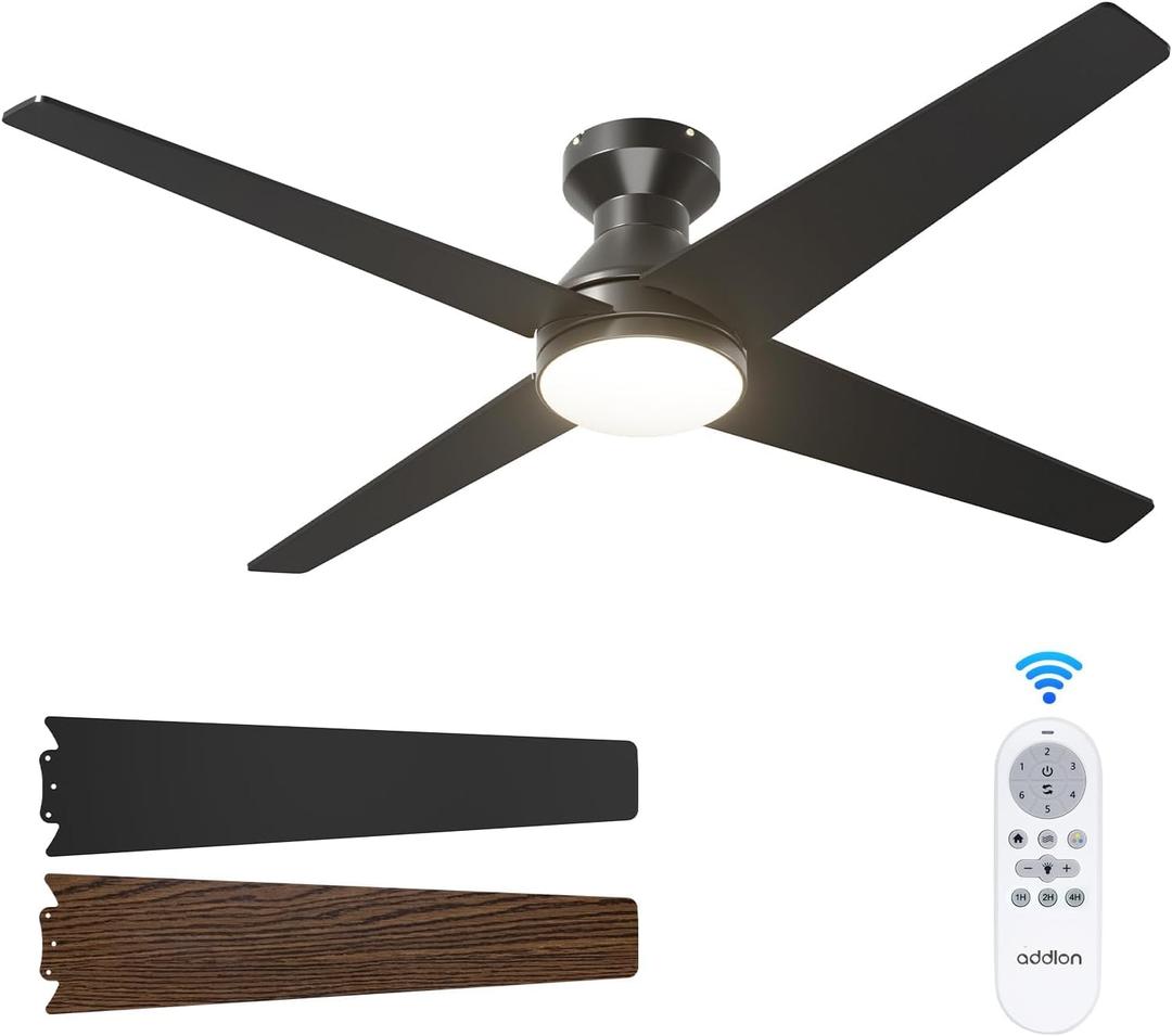 addlon Ceiling Fans with Lights, 52 Inch Low Profile Ceiling Fan with Light and Remote Control, Flush Mount, Reversible, 3CCT Dimmable 4 Blades Black Small Ceiling Fan for Bedroom Indoor/Outdoor Use