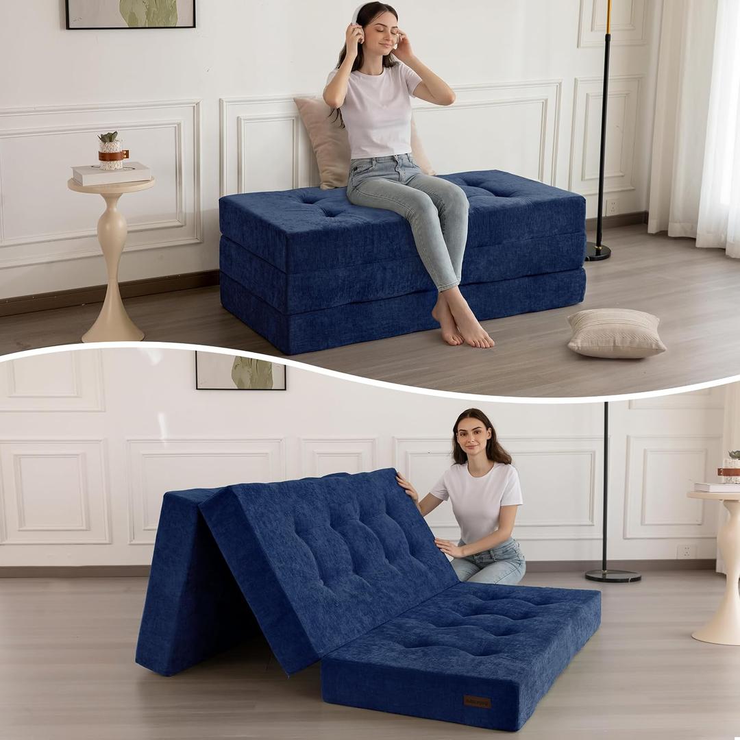 MAXYOYO 6" Folding Sofa Bed for Floor, Tufted Tri-Fold Floor Mattress with Chenille Fabric, Full Size Portable Sofa Couch Guest Mat for Adults, Foldable Topper for Camping, Navy, 53"x75"