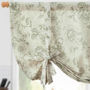 jinchan Tie Up Curtain Double Layer Linen Roman Shades Valance Curtain Floral for Bathroom Window Living Room Cafe Farmhouse Room Darkening Rustic Adjustable 45 Inch 1 Panel Green on Beige