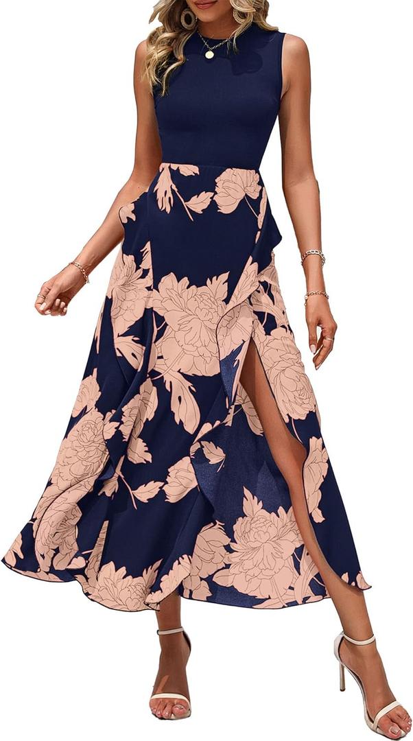 BTFBM Summer Dresses for Women 2026 Casual Spring Floral Sleeveless Ruffle Boho Cocktail Wedding Guest Party Midi Dress (Small, Pink Floral Navy)