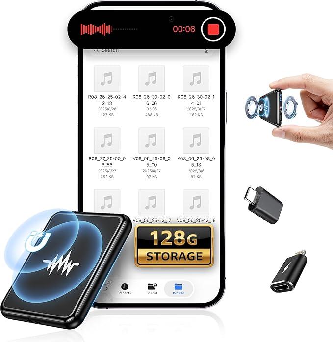 128G (9800 Hour) Voice Activated Recorder, DoubleSided Magnetic Voice Recorder with Playback, Audio Recorder with AIIntelligent Noise Reduction, 70H Continuous for Lectures, Meetings