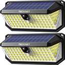 TECKNET 416 LED Solar Lights Outdoor Waterproof, 300 Angle & 3 Lighting Modes Motion Sensor Outdoor Lights, 2 Pack Security Solar Flood Lights IP66 for Fence Front Door Yard Deck Garden Garage