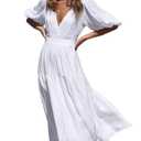 MessBebe Women's 2024 Summer Maxi Dress Puffy Sleeve V Neck Boho Party Beach Tiered Ruffle Flowy Long Smocked Dresses White (White, XL)