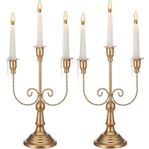 2 Pcs 3 Arm Gold Candelabra, 11.6" Metal Candle Holders Candelabra Centerpieces for Tables Theme Party Table Centerpiece Decor, Dining Room Wedding Birthday Holiday Christmas Fireplace Mantle