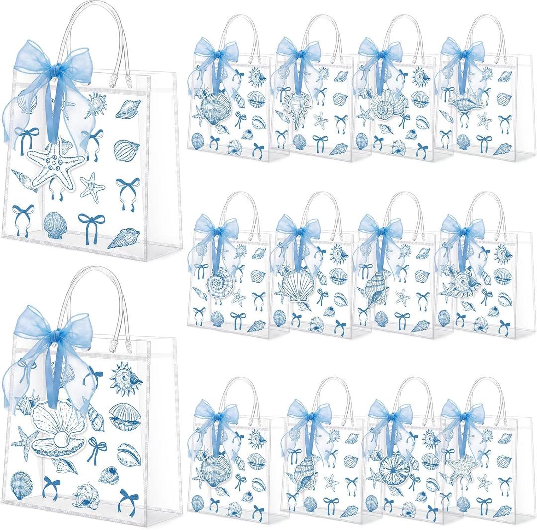Paterr 24 Pcs Blue Bow Seashell Gift Bags Coastal Clear PVC Gift Bags with Handle Blue Ribbon and Tag Waterproof Reusable Tote for Beach Ocean Wedding Birthday Bridal Baby Shower Party Favors Supplies