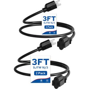 2-Pack Outdoor Extension Cord 3FT, 16/3 Gauge SJTW Power Cable for Indoor and Outside Use, 3 Prong Grounded Outlets Plugs for Christmas, Halloween, Decor & Lights, Black, ETL Listed B01ECP206