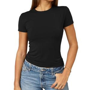Abardsion Women's Casual Basic Going Out Crop Tops Slim Fit Short Sleeve Crew Neck Tight T Shirts 2026 (Black, L)