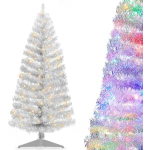 Pre-Lit Artificial Christmas Tree, Warm White Lights, Colorful Lights, Includes Stand, 4 feet (Silver)