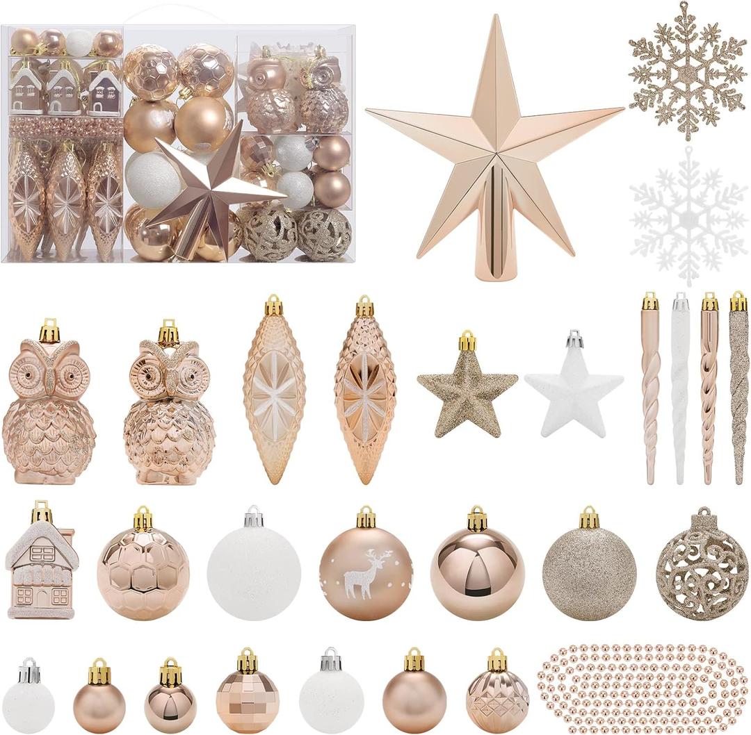RoseCraft 122 Pack Christmas Ball Ornaments Set, Plastic Shatterproof Christmas Hanging Decoration Hand-held Package, for Home Xmas Tree Holiday Wedding Party Decor - Champagne