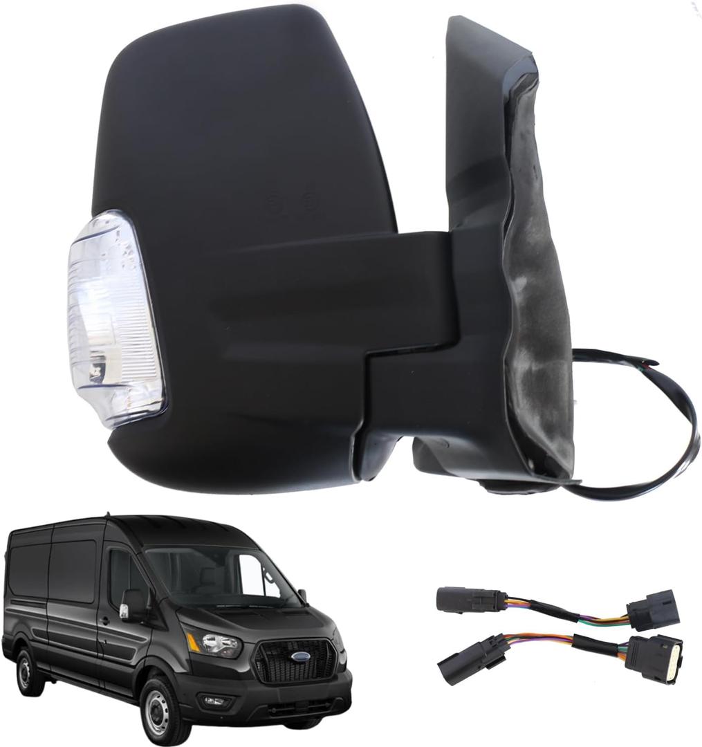 Marretoo Passenger Right Side Door Mirror replacement for 2015-2025 Ford Transit 150 250 350 350 HD Cargo Van 6 pins Power Glass,Heated,Signal Light Short Arm Textured Black FO1321552
