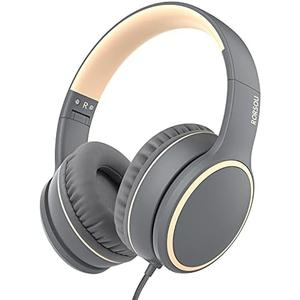 RORSOU R10 Over-Ear Headphones with Microphone, Lightweight Folding Stereo Bass Headset with 1.5M No-Tangle Cord, Portable Wired Headphones for Smartphone Tablet Computer MP3 / 4 (Grey), Large 