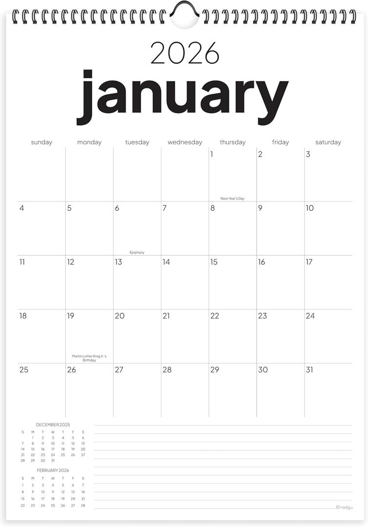 2026 Calendar, 12 Months, January to December, 17" x 12", Large Wall Calendar 2026 with Hanger, Calendar 2026 for Wall, 2026 Calendar Planner, Thick Paper, Spiral Binding, Simple and Aesthetic Design.