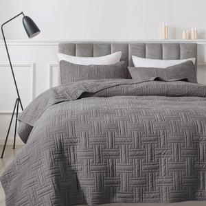 R.SHARE Dark Grey Quilt King Size Bedding Sets with Pillow Shams, Lightweight Soft Bedspread Coverlet, Basket Weave Quilted Blanket Thin Comforter Bed Cover for All Season, 3 Pieces, 104x90 inches