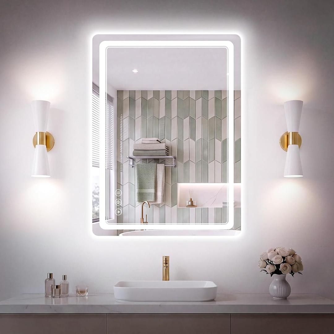 BEAUTYPEAK 24"x30" LED Bathroom Mirror with Lights, Backlit + Front Lit, Anti-Fog, Lighted Bathroom Mirror for Wall, HD Shatterproof Tempered Glass, Dimmable, Memory Function (Horizontal/Vertical)