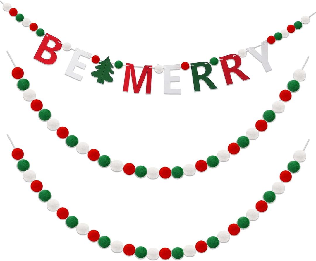 Breling 3 Pieces Christmas Felt Ball Garland 10ft Christmas Pompom Decorations Happy Holidays Banner Mantle Fireplace Room Xmas Party Hanging Decor (Red, Green, White)