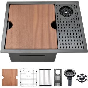 24 Inch Black Undermount Kitchen Sink with Glass Rinser-VASOYO 24x19 Black Kitchen Sink Undermount Workstation Sink Wet Bar Sink 16 Gauge Deep Single Bowl Kitchen Sink with Cup Washer