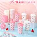 48 Pcs Pink Bow Party Favors Paper Cups with Lids and Straws 16 oz Birthday Party Decoration and Supplies Bachelorette Cups for Girl