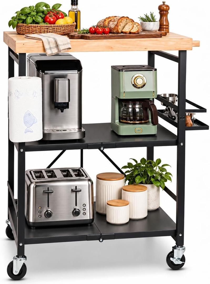 Plus-Size Foldable 3-Tier Kitchen Cart with Solid Oak Top, Black, 21.65"D x 29.13"W x 36.81"H