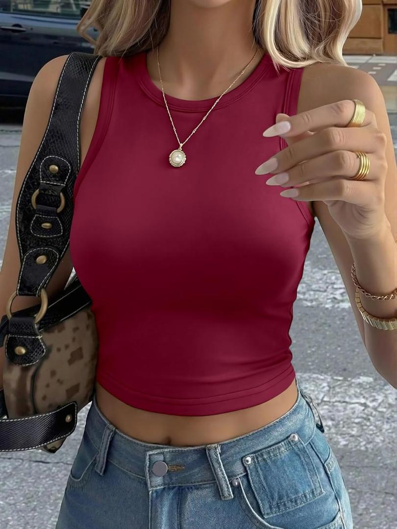 Cropped High Neck Tank Top for Women - Ribbed Bodycon Workout Cami, Sexy Gym Top and Casual Streetwear Essential (Red, XL)