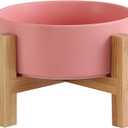 Elevated Ceramic Cat Bowl - Cat Food Bowl with Bamboo Stand - Raised Dog Dish for Puppies - Anti Vomiting, Stress Free - 13.5 oz / 400 ml - Pink (Small)