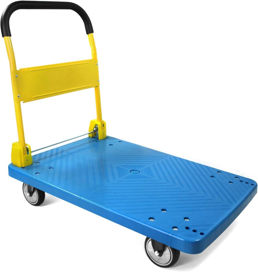 MaxWorks 50888 PP Foldable Heavy Duty Platform Truck Push Dolly 770-lbs Capacity Blue Platform with Yellow Handle - Ideal for Home Garden Office Workshop Warehouse and Moving