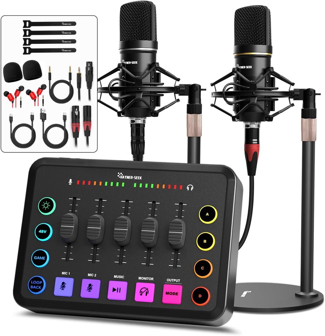 Podcast Equipment Bundle for 2, RGB Audio Interface with XLR Condenser Microphone, and 3.5mm Mic, Mute,48V Phantom Power for Streaming,Gaming,Recording-Black (H1)