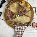MakeMeChic Women's Double Layered Plaid Polka Dots Bikini Sets Halter Triangle Thong Swimsuit Bathing Suit Brown Small