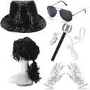 Leumoi 6 Pcs Halloween Pop Costume Dance Star Costume Includes Long Curly Wig Black Hat Sequin Glove Sunglasses Earpiece Microphone for Pop Stage 80s 90s Party Mens Adult Halloween Cosplay