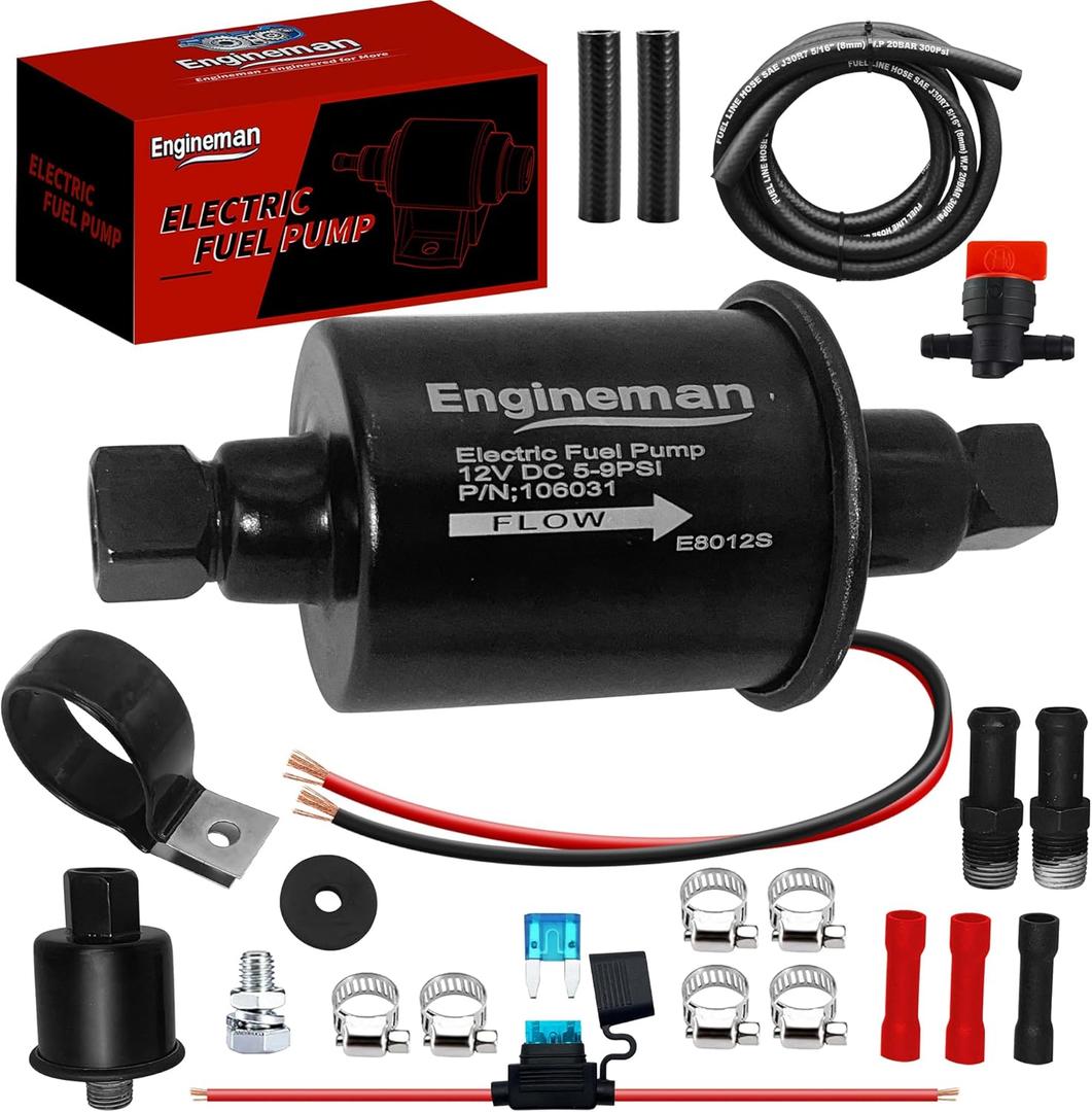 Universal Electric Fuel Pump 12V 5-9 PSI Inline External 5/16 Inch Compatiable with Gas Diesel Marine Carburetor Marine E8012S with 6.56 FT 5/16" ID Fuel Line Hose