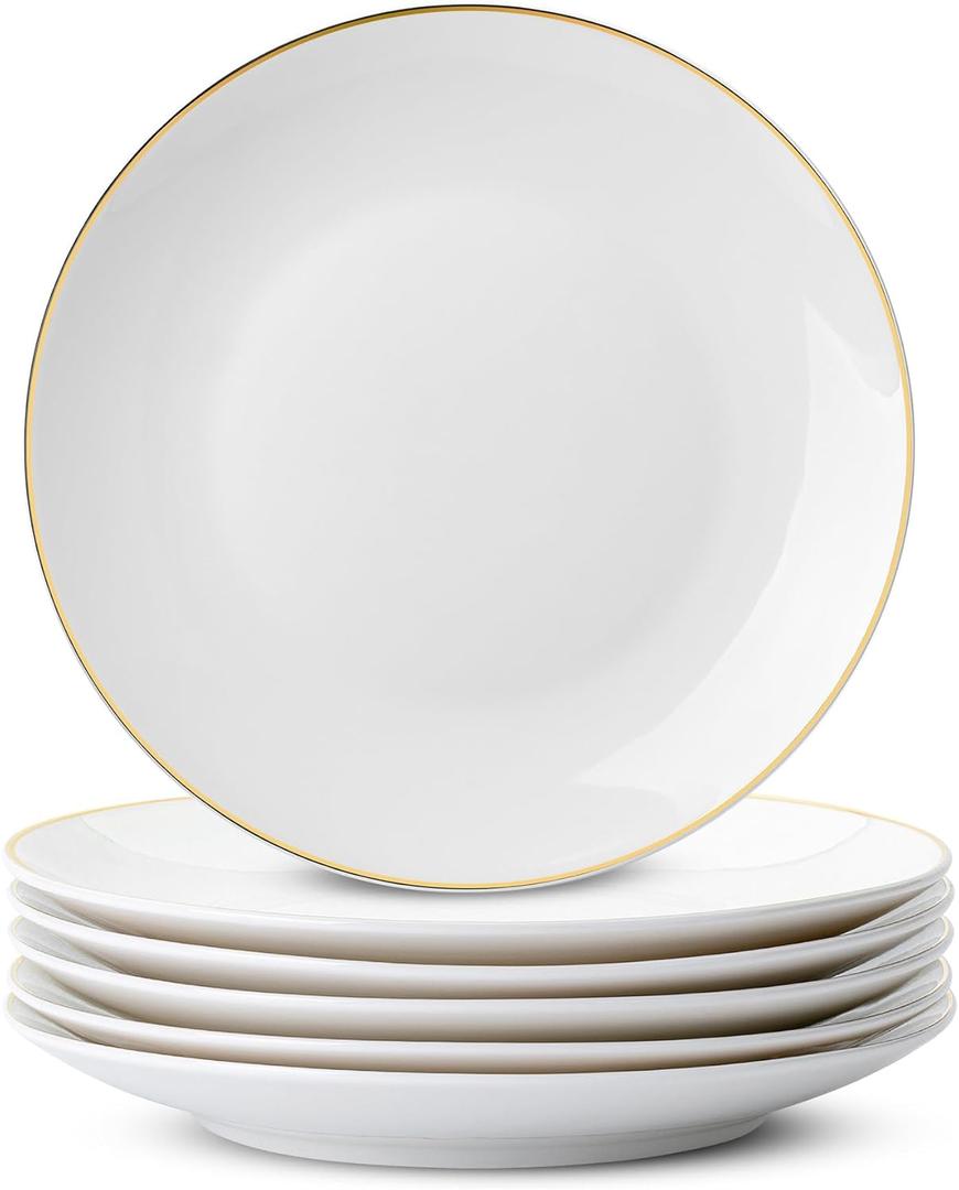 Brew To A Tea - White Dessert Plates with Gold Rim, Set of 6, 8" Round, Porcelain, Elegant Style, Dinner Plates