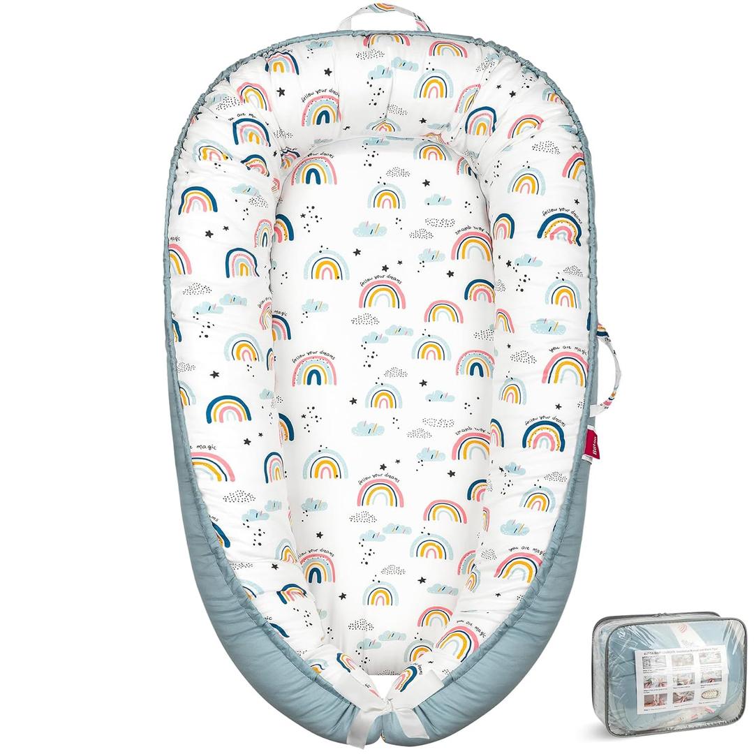 BUTOA Baby Lounger - Baby Lounger for Newborn 0-24 Months, Breathable & Soft Baby Nest, Portable and Lightweight Lounger for Home and Travel, Ideal Newborn Babies Essentials (Blue-Rainbow)