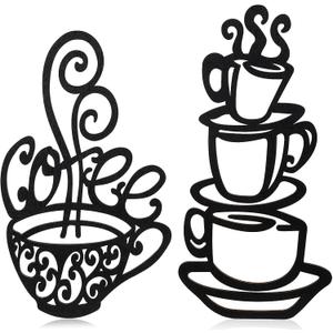 Jetec 2 Pieces Coffee Wall Decor Black Cup Silhouette Kitchen Wall Art Decor Coffee Bar Accessories