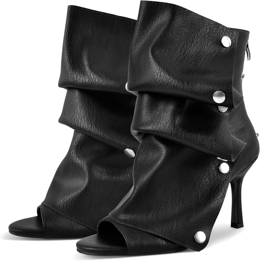 sexytag Women's Peep Toe Booties Slouchy Stiletto Kitten Heel Shark Boots Open Toe Back Zipper Fashion Ankle Short Boot (9, Black)