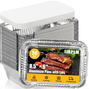 50 Pack Foil Pans with Lids,2.25 LB Aluminum Pans with Lids,Foil Food Containers,Disposable Takeout Pans For Catering Baking Takeout-50 Pans and 50 Cardboard Covers(8.5""×6""), Silver