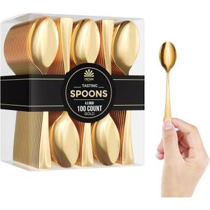 EXQUISITE Mini Spoons For Desserts - Bulk Pack Of 100 Gold Dessert Disposable 4.5 Inch Plastic Appetizer Real Flatware Look Miniature Gold BPA Free Food SafeSafe
