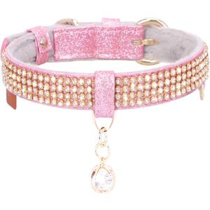 PetsHome Cat Collar, Dog Collar, [Bling Rhinestones] Premium PU Leather with Pendant Adjustable Collars for Big Cat and Small to Medium Dog Small Pink (Small (Pack of 1)