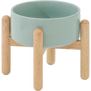 Havniva Ceramic 7.3inch Raised Dog Bowl Set, Elevated with Wooden Stand, Food and Water Bowl for Medium Breed Dogs, Weighted Dog Dishes, Pet Feeder(Light Green)